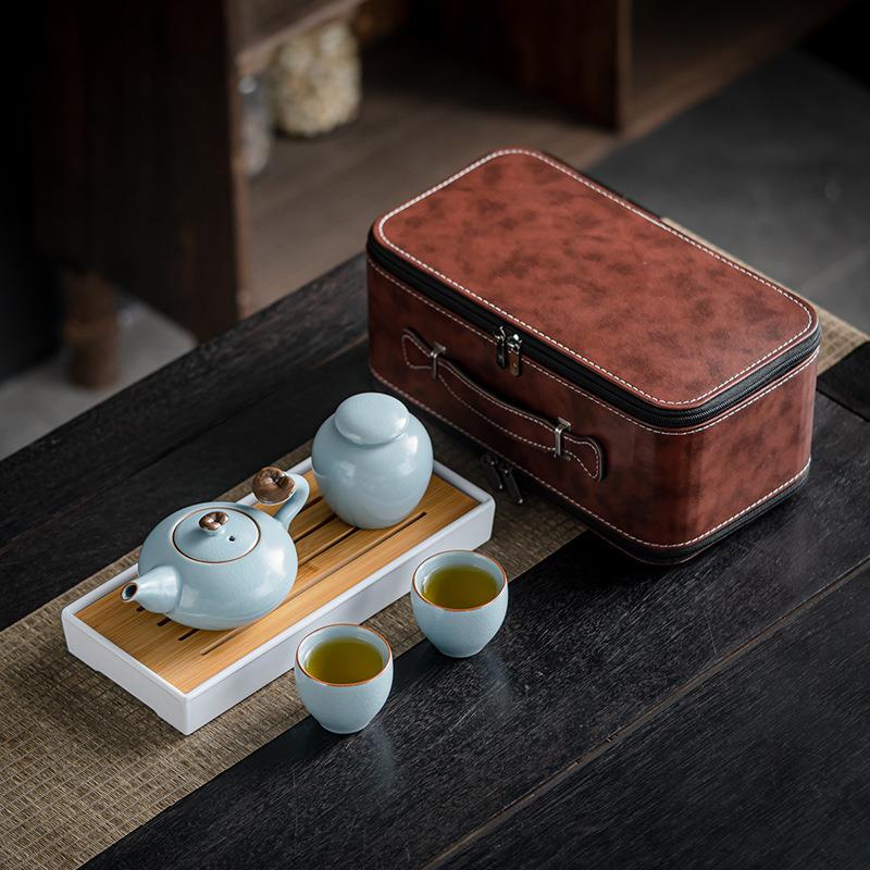 汝窑高档旅行茶具茶盘套装轻奢便携陶瓷茶具户外室内会客开片可养