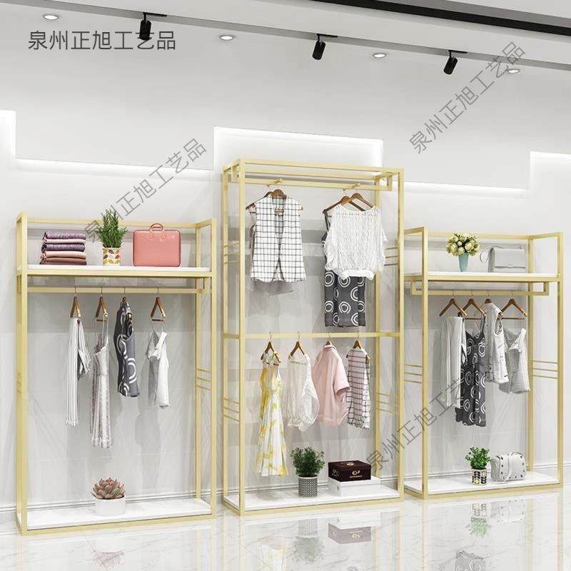 服装店展示架生态木板双层落地式货架挂衣架子男女装店陈列架货架