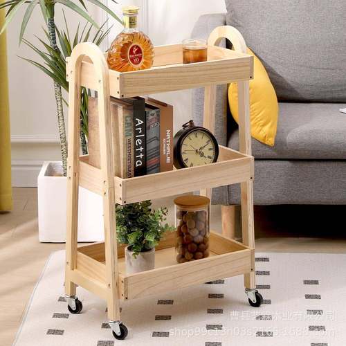 3层木制小推车收纳架办公室厨房手推车蔬菜水果书籍杂志整理支架