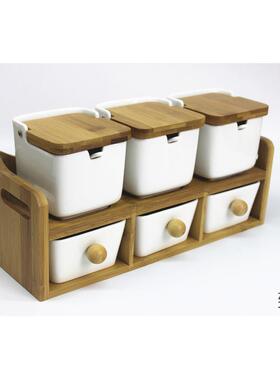 北欧双层调料罐简约厨房家用白色陶瓷调料盒套装带勺调味罐糖盐罐