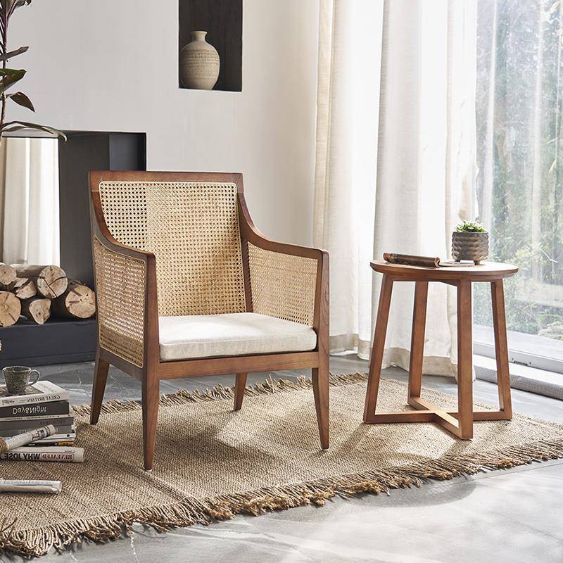 北欧藤编扶手椅实木桌椅组合家用客厅民宿休闲单人躺椅创意沙发椅