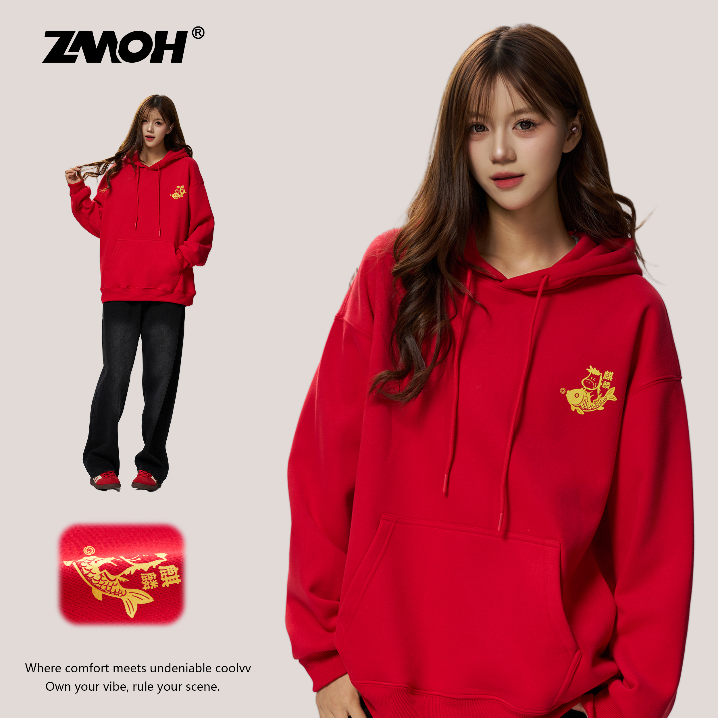 ZMOH马年情侣加绒卫衣连帽2025年秋冬新款男生红色保暖长袖上衣女