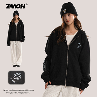 ZMOH加绒开衫卫衣情侣2025年秋冬新款连帽外套男美式保暖女装上衣