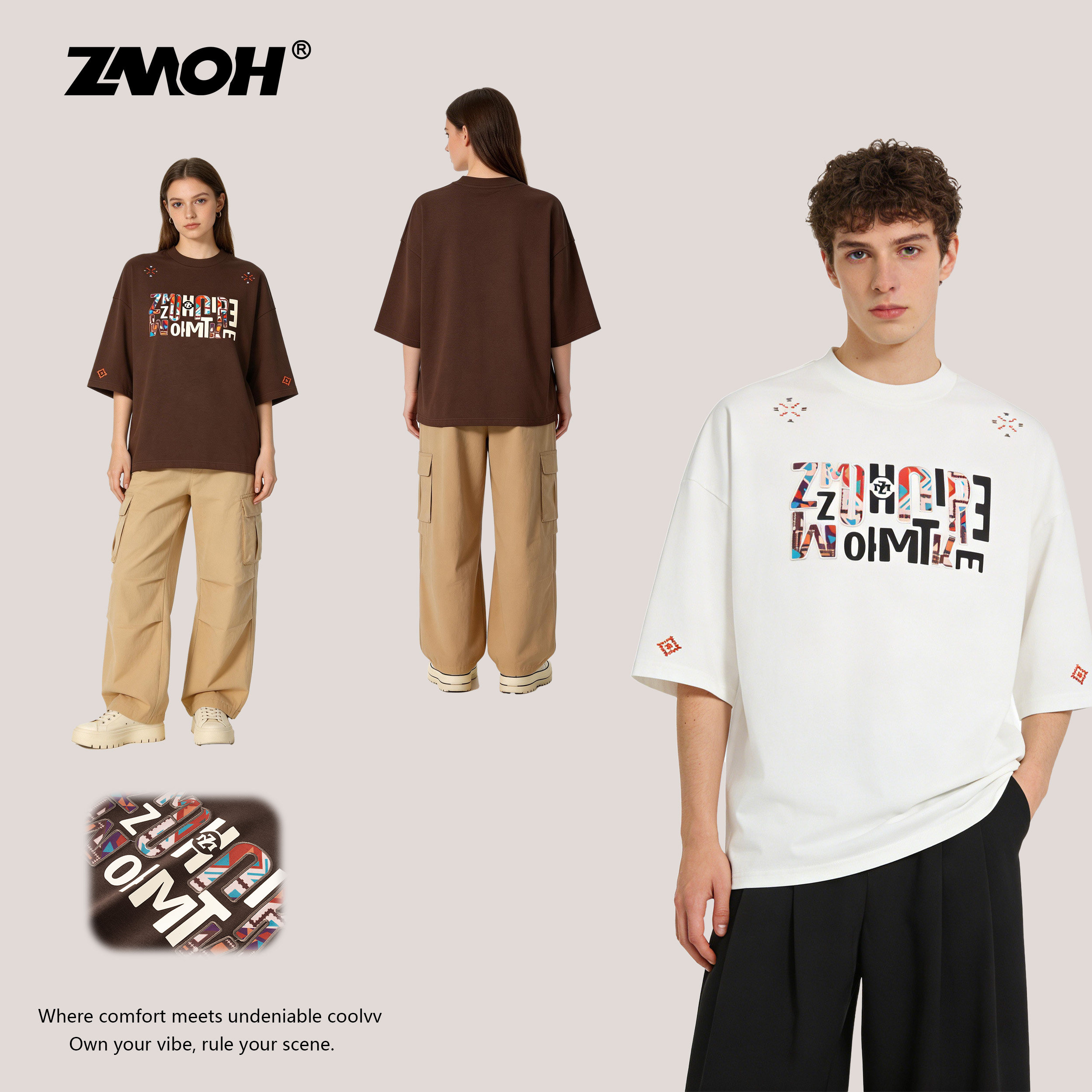 ZMOH纯棉贴布刺绣圆领男士短袖2026年春夏美式透气女T恤落肩上衣