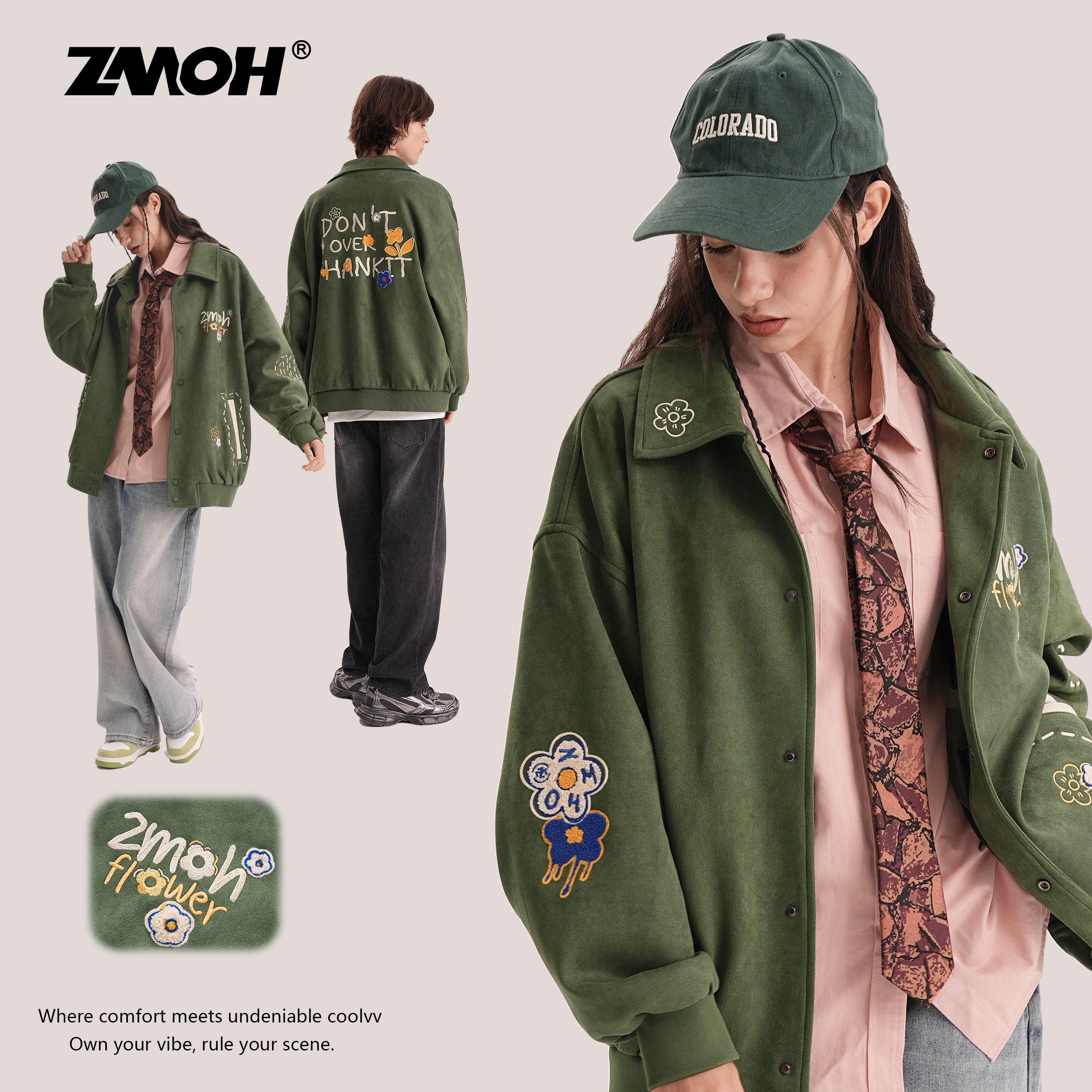 花卉刺绣美式情侣款棒球服