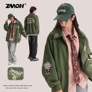 ZMOH男士刺绣棒球服绿色外套女生加绒厚冬装休闲美式情侣飞行夹克