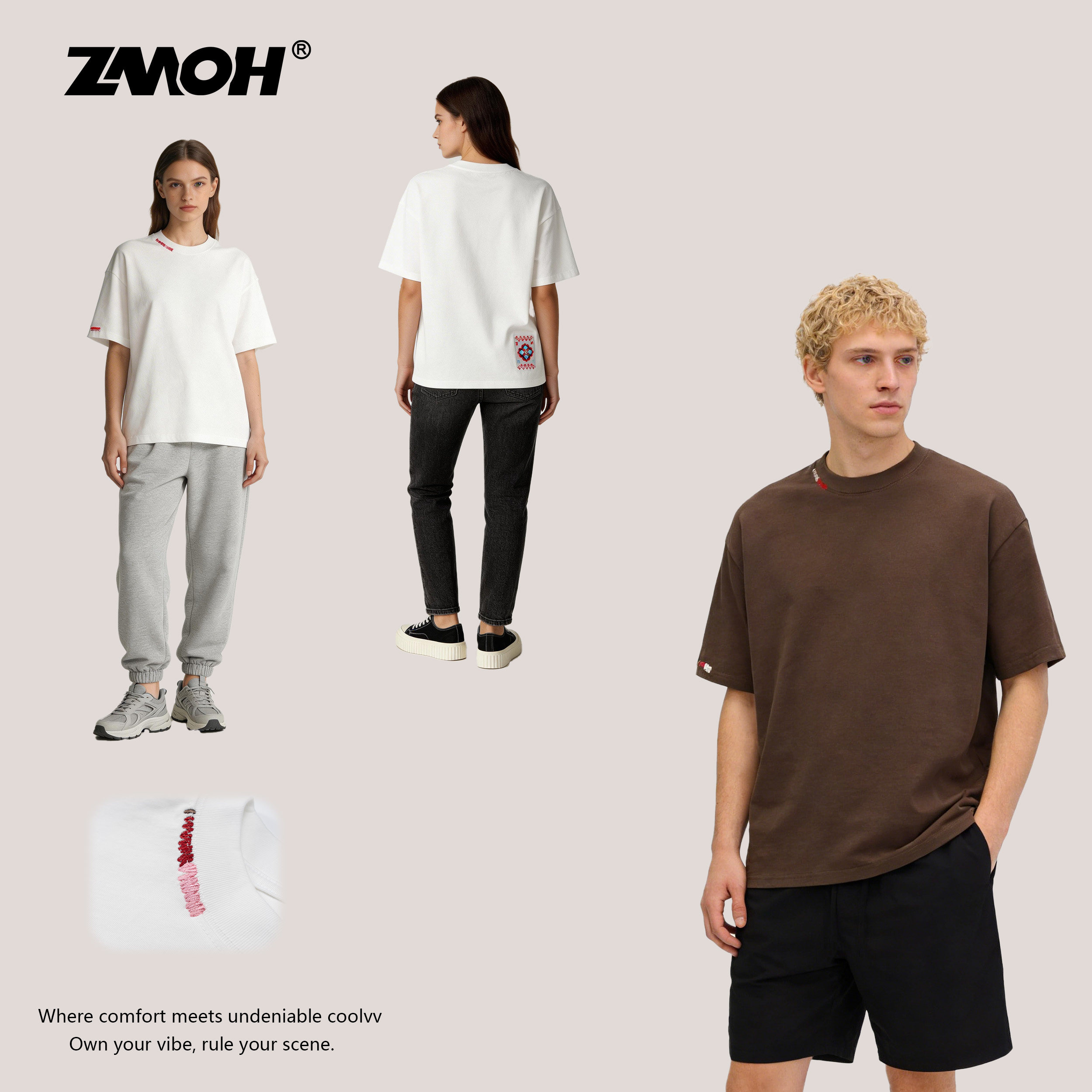 ZMOH圆领刺绣男士纯棉落肩短袖2026年夏季美式休闲上衣透气女T恤