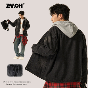 ZMOH男士连帽牛仔外套2025年春秋季新款美式水洗复古做旧工装外衣