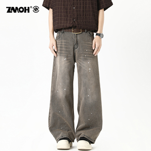 ZMOH复古水洗做旧牛仔裤2025年新款泼墨弯刀裤男士街头宽松女长裤