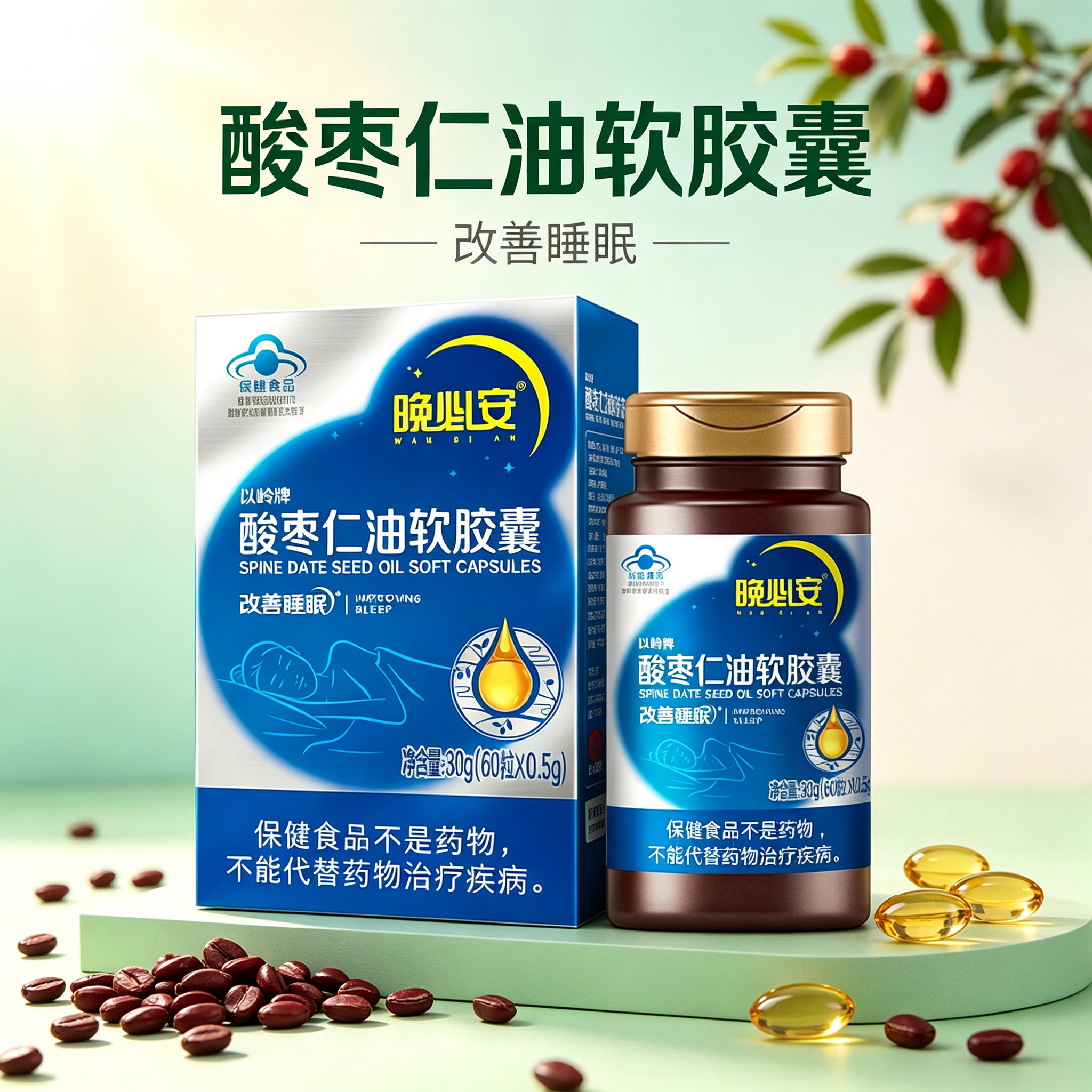 以岭晚必安酸枣仁油软胶囊60粒膳食营养补充剂男女通用保健食品