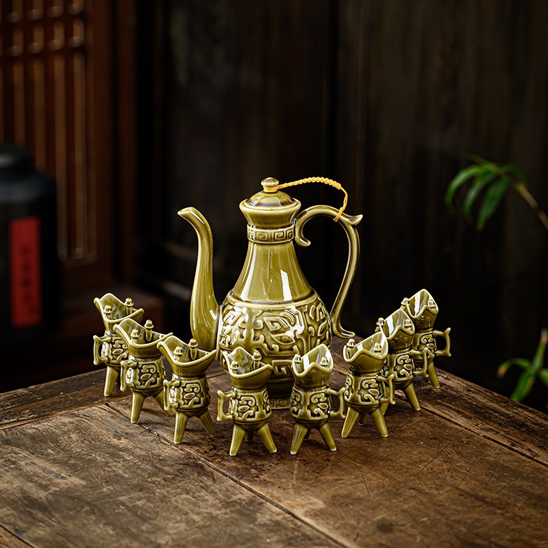 爵杯陶瓷白酒杯高脚杯古代酒盅酒具套装仿古酒壶分酒器小酒杯酒樽