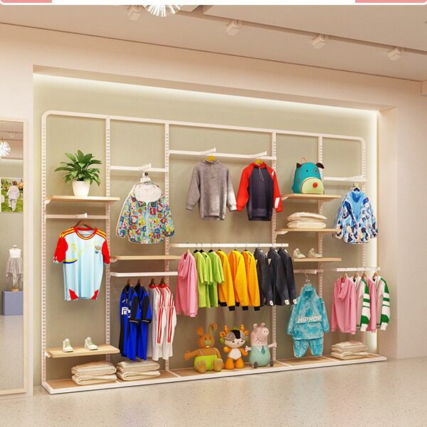 新款童装架服装店落地式靠墙架组合货架童装店展示架铁木结合货架