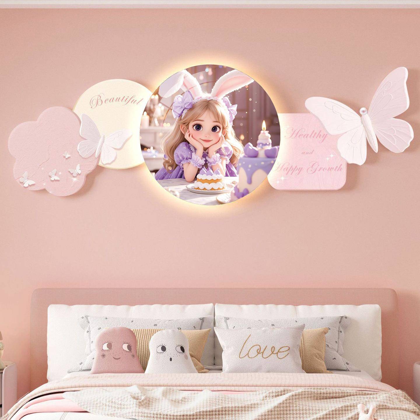 床KVL奶油风女画孩房间卧室装饰画卡通灯画儿童房壁蝴蝶灯头带挂