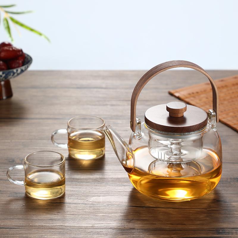 提梁壶蒸煮一体泡茶壶竖纹高硼硅耐高温玻璃煮茶壶高硼硅茶壶套组