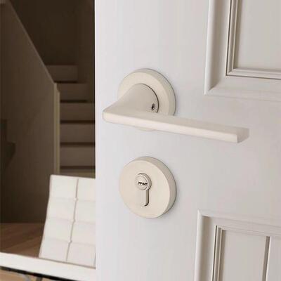 奶油机风内卧室门锁家磁吸静CIU音械用门把手室房间木门米白色房