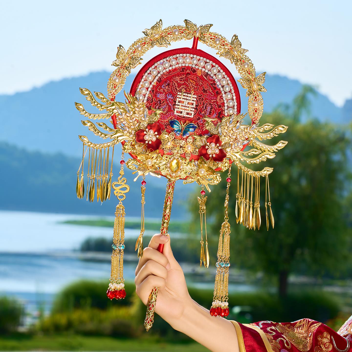 原创新娘团扇diy材料包双面高级手工秀禾喜扇新婚礼物结婚手捧花