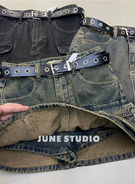 June 美式高腰显瘦复古工装牛仔半身裙女夏a字防走光辣妹包臀短裙