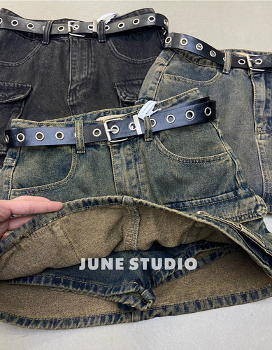 June 美式高腰显瘦复古工装牛仔半身裙女夏a字防走光辣妹包臀短裙