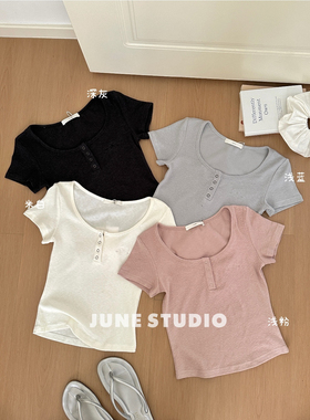 June美式辣妹短款白色半袖t恤女夏季修身显瘦短款百搭上衣ins潮