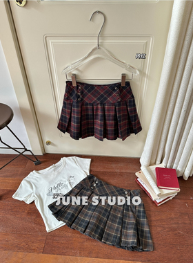 June小个子学院风防走光百褶裙女春夏格子高腰显瘦短裙a字半身裙