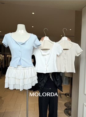 MOLORDA美式辣妹假两件短款T恤女夏季修身显瘦蕾丝拼接短袖上衣