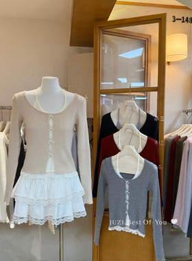 假两件甜酷辣妹短款长袖针织衫毛衣女春秋新款修身显瘦蝴蝶结上衣