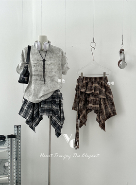 VQ辣妹做旧复古格子半身裙女夏季小个子高腰显瘦不规则a字裙短裙