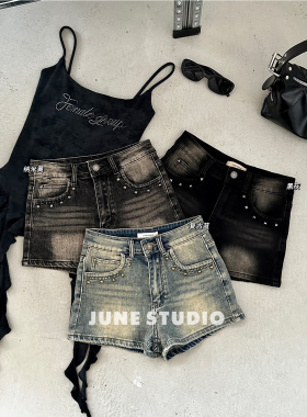 美式辣妹柳钉牛仔裤高腰短裤女夏季显瘦紧身包臀热裤做旧超短裤子
