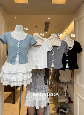 MOLORDA蕾丝拼接假两件针织小衫女春夏季蝴蝶结撞色短袖T恤上衣女