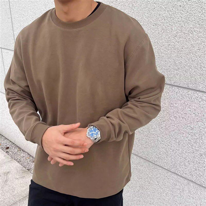 大码300斤美式纯色重磅打底衫男士圆领保暖基础款秋冬长袖简约T恤