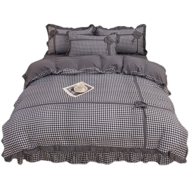 韩式公主风四件套牀裙磨毛被套学生宿舍非全棉纯棉1.8三件套牀单