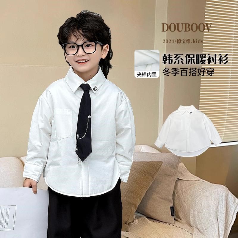 儿童冬季衬衫2024新款男童百搭加棉厚实加厚衬衣宝宝白色字母衬衣