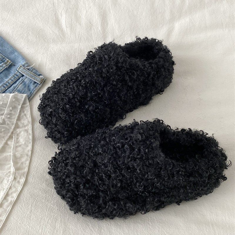 喜叔 黑色厚底卷毛棉拖鞋女款秋冬外穿2025新款加绒保暖毛毛拖鞋,女鞋,毛毛鞋,淘宝优惠券,粉丝福利购,淘宝优惠卷