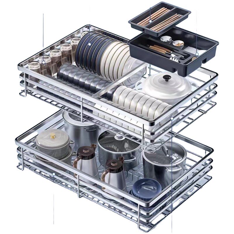 橱柜拉篮a厨房双层抽屉式调味碗篮阻尼轨道沥水加大可拆加深置物