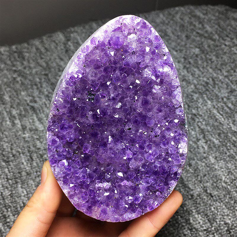 天然紫水晶洞恐龙蛋形心形聚宝盆紫晶簇钱袋子玄关桌面装饰品摆件