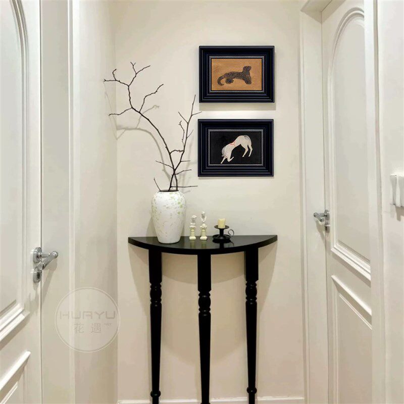中古风常玉金钱豹客厅沙发背景墙法式装饰画入户玄关黑色边框挂画