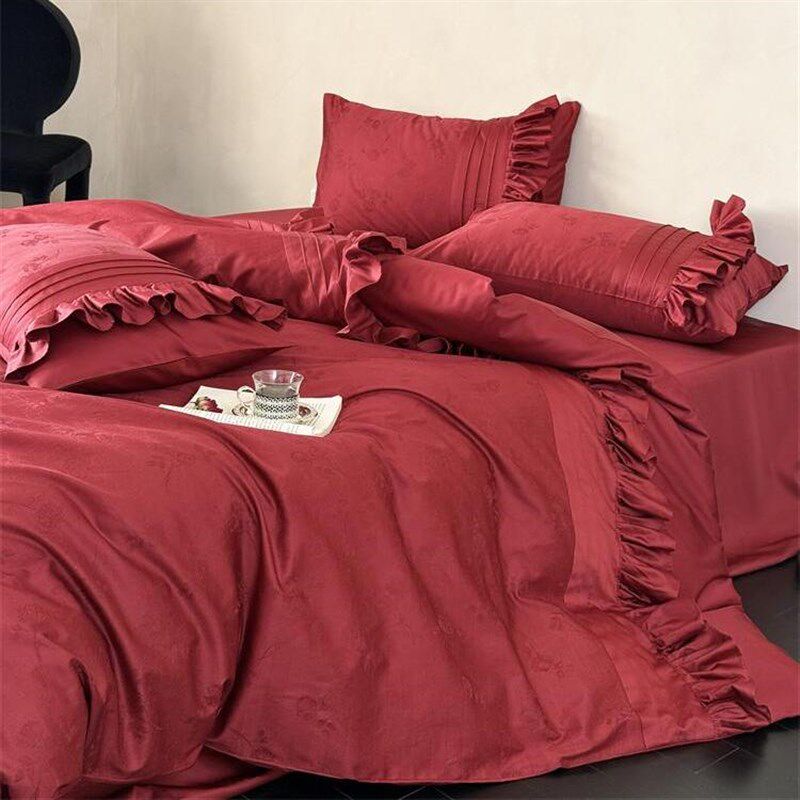 落日玫瑰法式提花100支长绒棉四件套公主风花边全棉床单被套