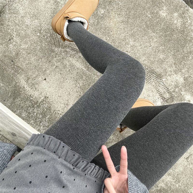 竖条纹特厚绒秋冬灰色打底裤女外穿胖mm大码连裤袜弹力显瘦九分裤