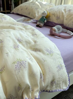 A类母婴级田园小碎花双层纱四件套1.5m1.8米全棉紫色床上用品