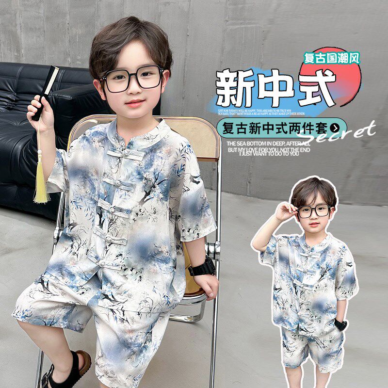 男童棉绸套装国潮新中式两件套2024新款中国风男孩花衬衫盘扣夏装