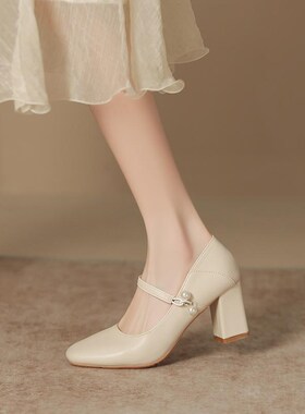 大码高跟鞋女粗跟宽胖脚珍珠单鞋通勤工作鞋不累脚小码鞋313233