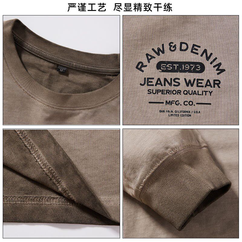 纯棉秋季宽松大码男士T恤洗水长袖打底衫印花做旧加肥加大300斤