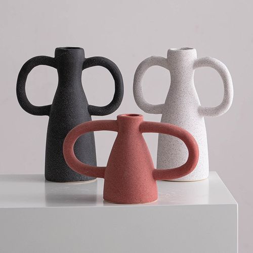 现代侘寂风哑光色磨砂粗陶带耳陶瓷花器酒店民宿客厅桌面书柜摆件