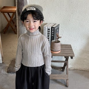 暮晨家早春新款2025男童半高领坑条毛衣中小童加厚保暖内搭打底衫
