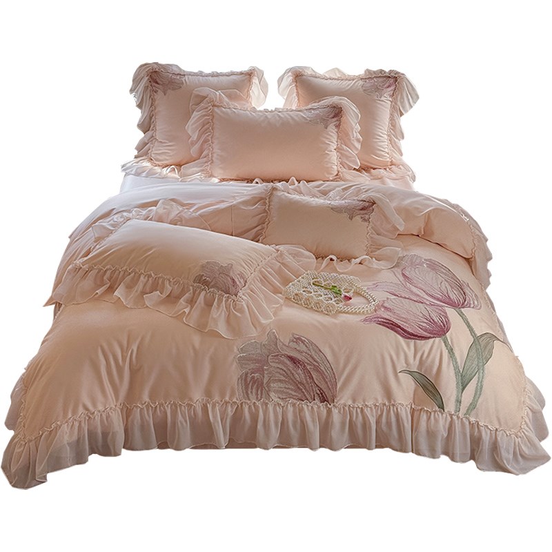 法式床盖四件套全棉长绒棉田园刺绣被套罩床单公主风床品粉色