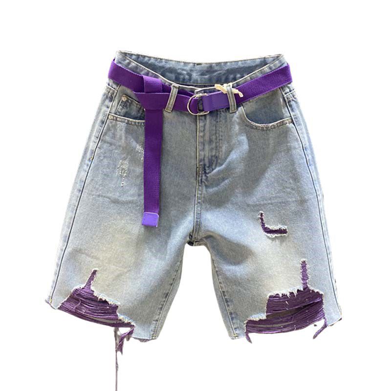 欧货2025夏季新款时尚彩色乞丐破烂牛仔五分裤女宽松显瘦阔腿中裤