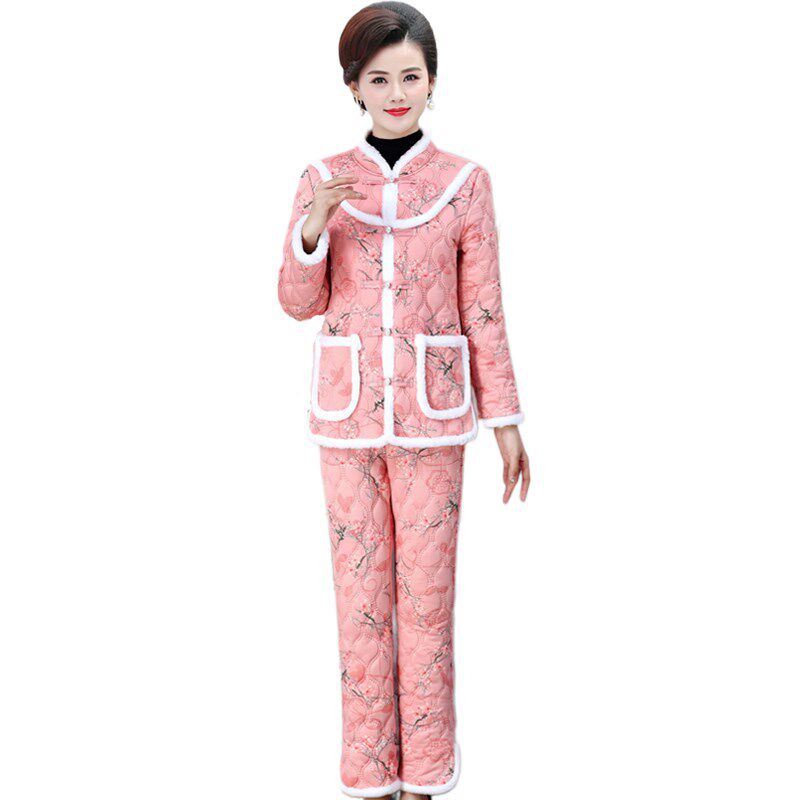 时尚洋气加绒加厚棉衣套装妈妈装宽松大码花色保暖棉服棉裤两件套