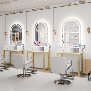 免打孔理发店镜台专用美s容美发镜柜子一体工具柜网红带灯LED镜台