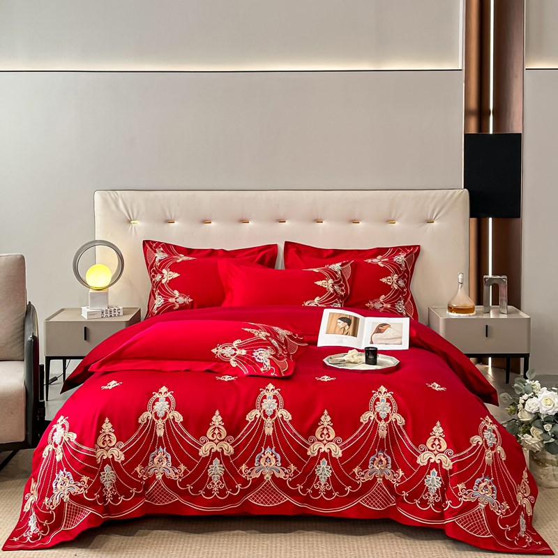 奢华结婚四件套红色长绒棉全棉婚庆床上用品婚房陪嫁床品