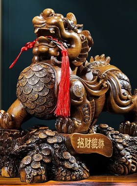 招财貔貅摆件一对金钱貔貅木纹客厅玄关酒柜新房入伙乔迁新居礼品